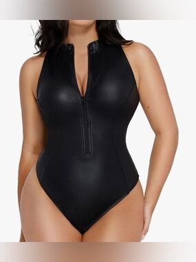 Popilush shapewear faux leather Black front  Zip bodysuit NWT  size LARGE